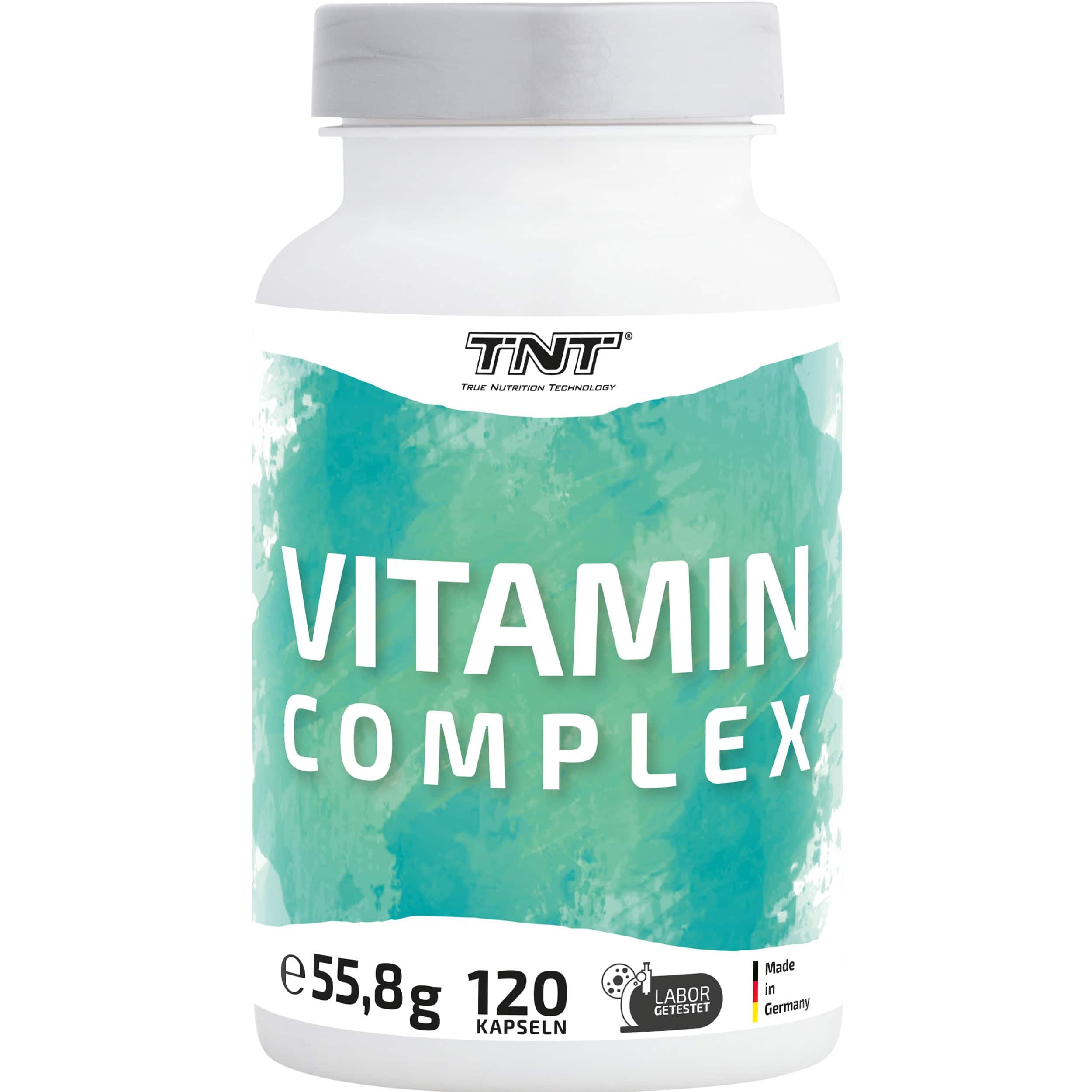 Weiße Flasche mit Vitamin Complex. Aufschrift: TNT, Vitamin Complex, 120 Kapseln, 55,8g. Laborgeprüft. Hergestellt in Deutschland.
