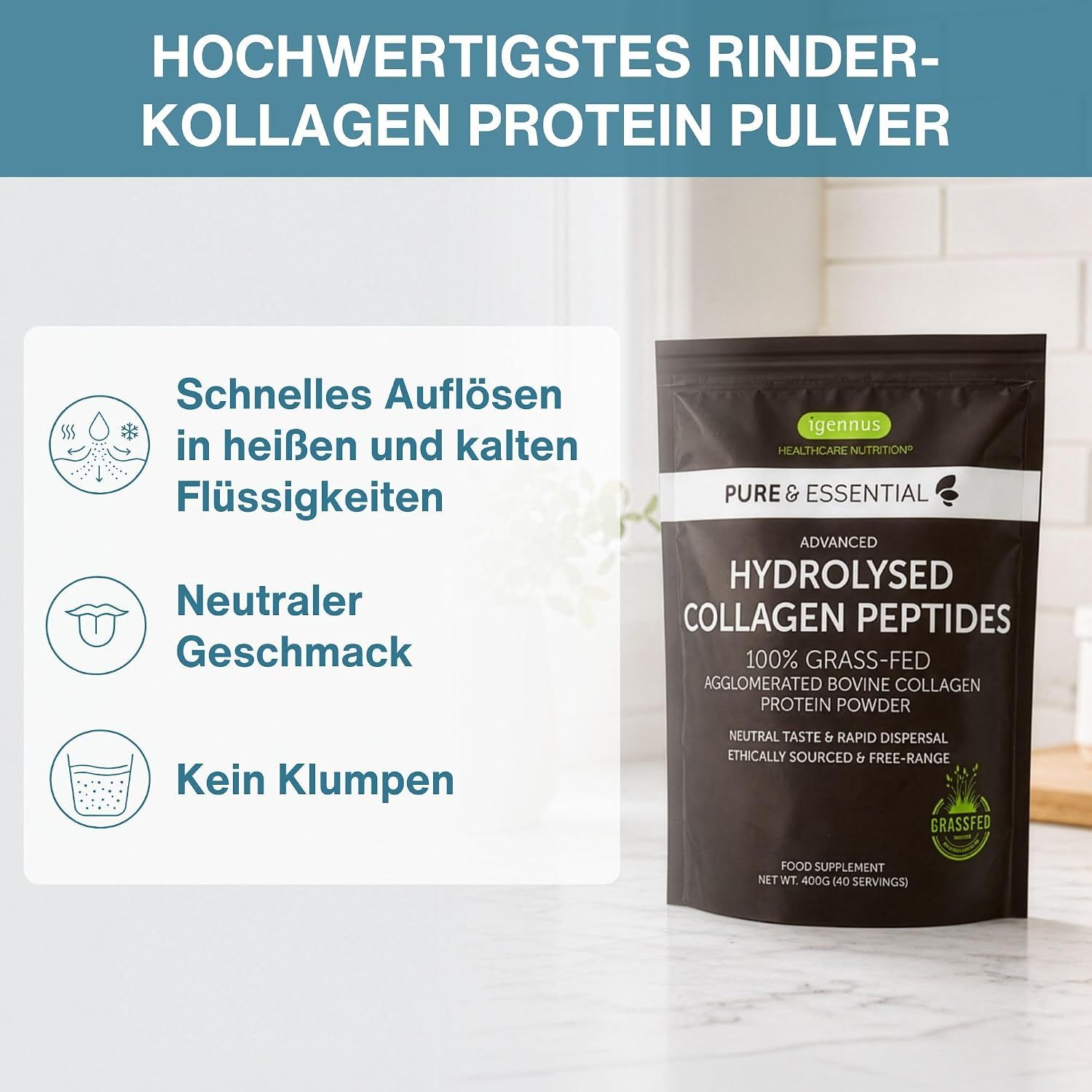 Verpackung mit Kollagen-Pulver, daneben Infoboxen zu Eigenschaften.