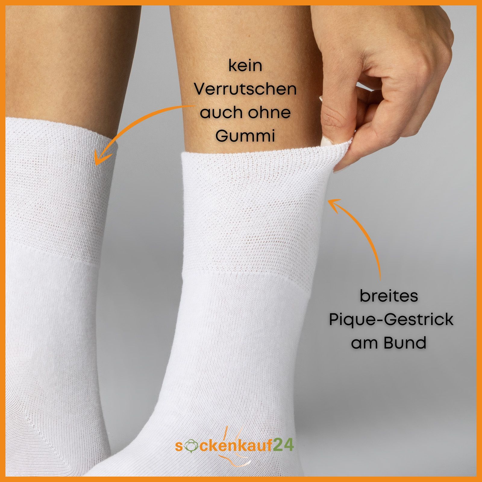 Weiße Socke am Bein, wird gedehnt. Text: kein Verrutschen auch ohne Gummi. Breites Pique-Gestrick am Bund.