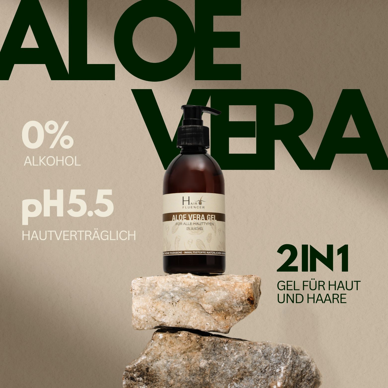 Aloe Vera Gel Flasche auf Steinen, 0% Alkohol, pH 5.5, 2in1 Gel.