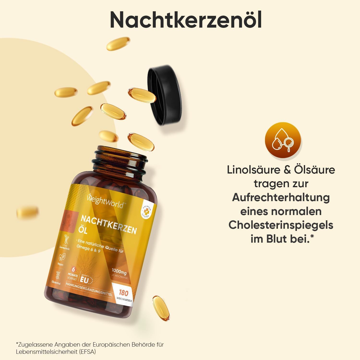 Flasche WeightWorld Nachtkerzenöl, Kapseln daneben. Aufschrift: Nachtkerzenöl, Omega 6 & 9. Text: Linolsäure & Ölsäure tragen zur Aufrechterhaltung eines normalen Cholesterinspiegels.