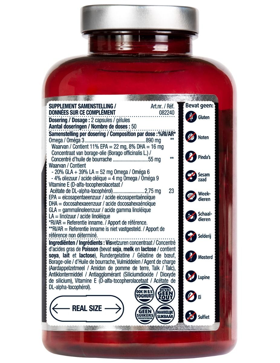 Rote Kapsel mit silbernem Deckel, Rückseite mit Nährwertangaben und Inhaltsstoffen.