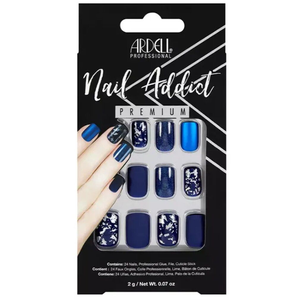Ardell Nail Addict Premium: 24 blaue und gemusterte Kunstnägel mit Kleber, Feile und Nagelhautstick.