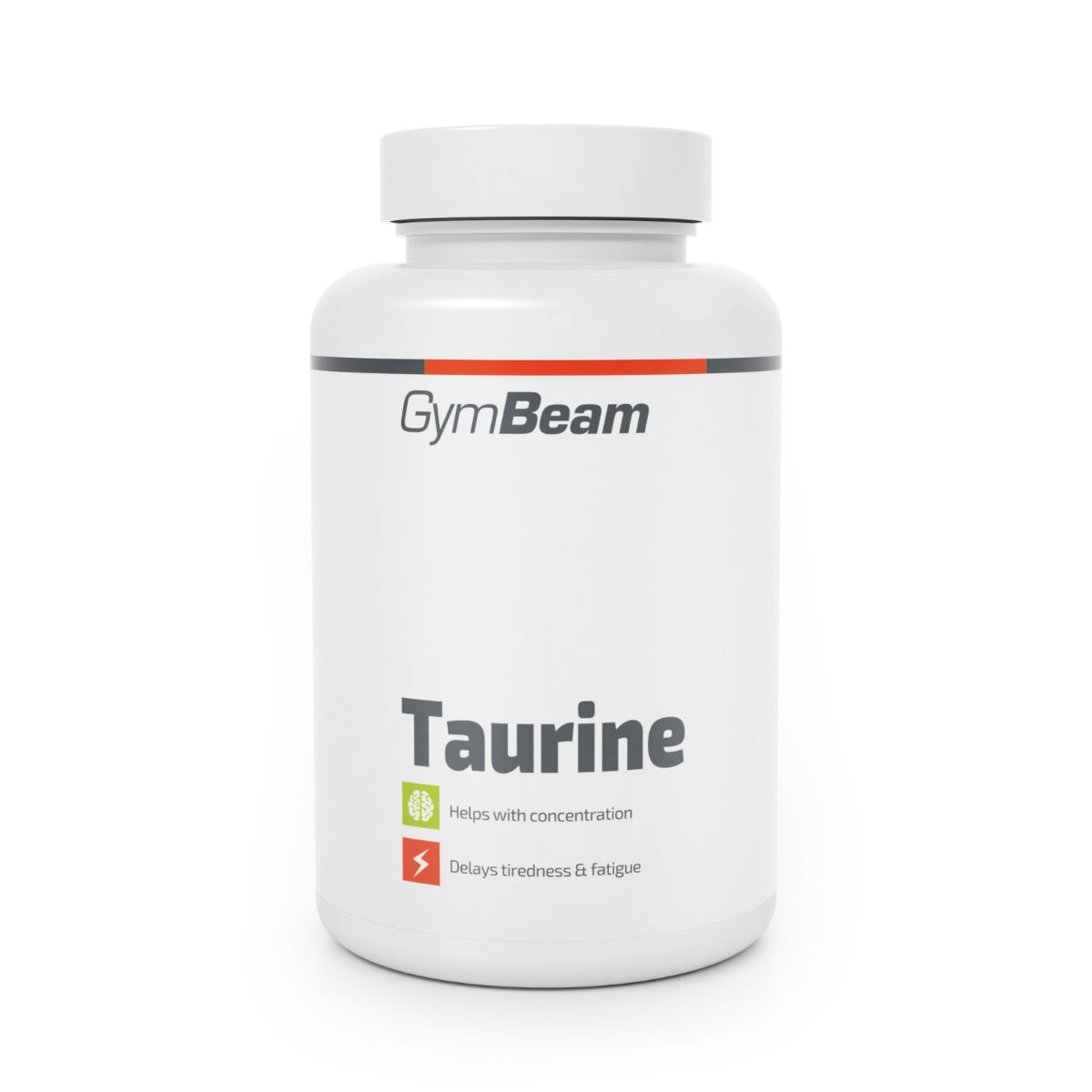 GymBeam Taurin Kapseln: Weißer Behälter mit rotem und grauem Streifen. Enthält L-Taurin zur Konzentrationsförderung und Verzögerung von Müdigkeit.