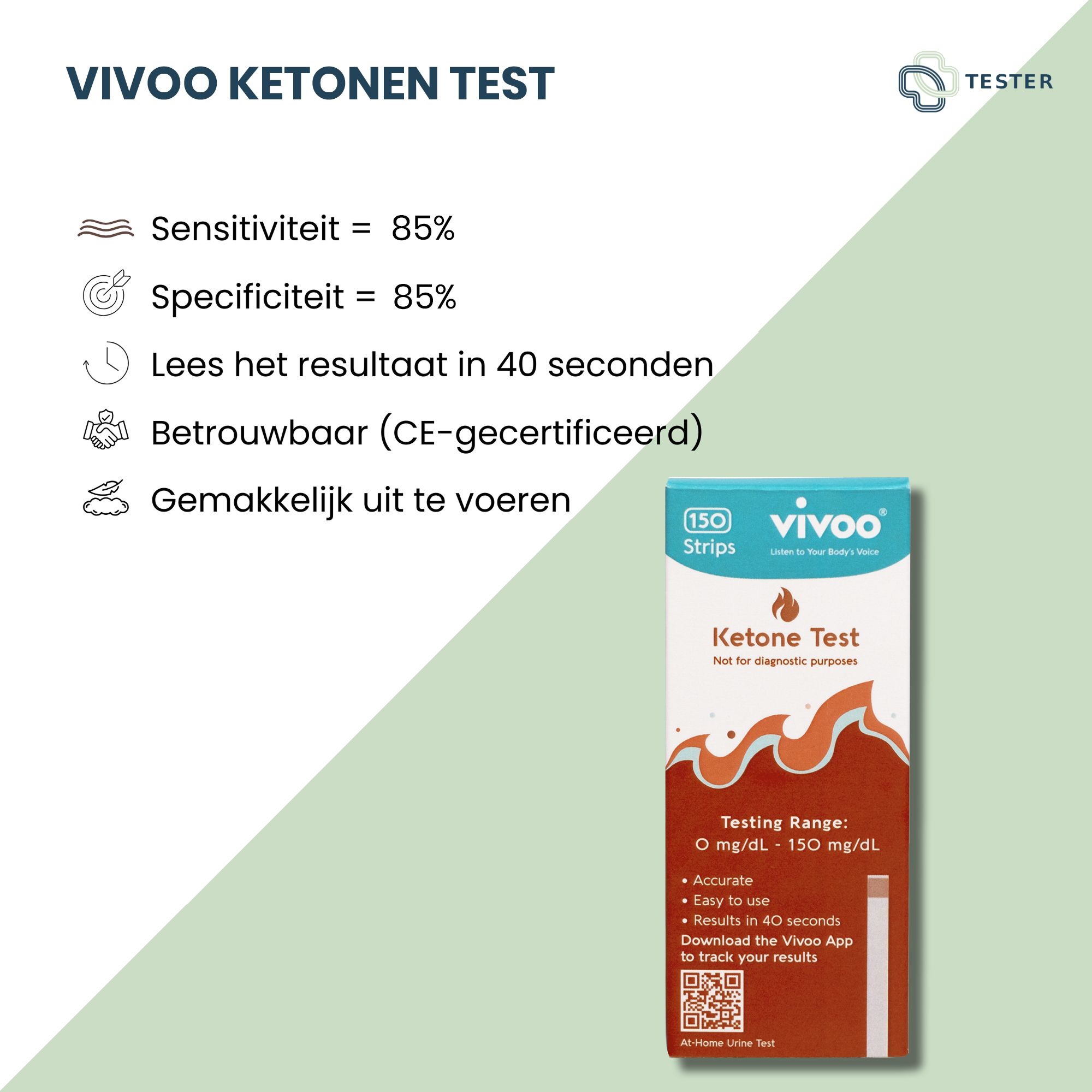 Vivoo Keton Test-Verpackung mit 150 Teststreifen. Text: Keton Test, Testbereich 0-150 mg/dL. CE-zertifiziert.