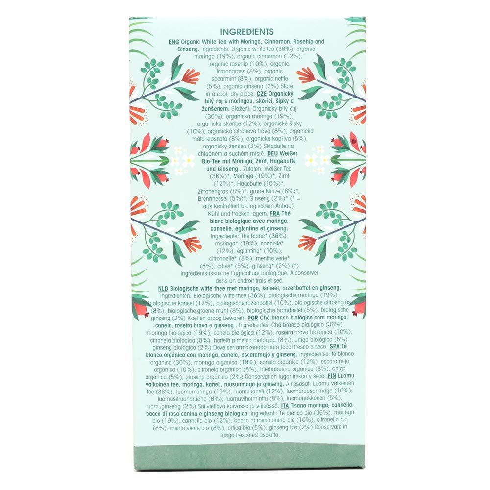 Rückseite der Teebox. Aufschrift: Zutaten in verschiedenen Sprachen, English Tea Shop ORGANIC.