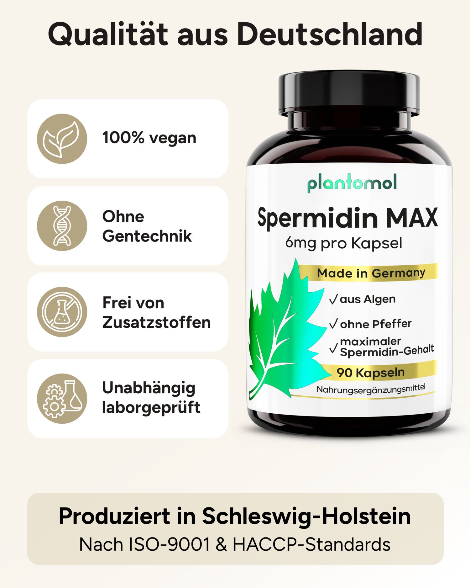 Schwarze Flasche mit weißen Etikett. Text: 100% vegan, ohne Gentechnik, frei von Zusatzstoffen, unabhängig laborgeprüft, 90 Kapseln.