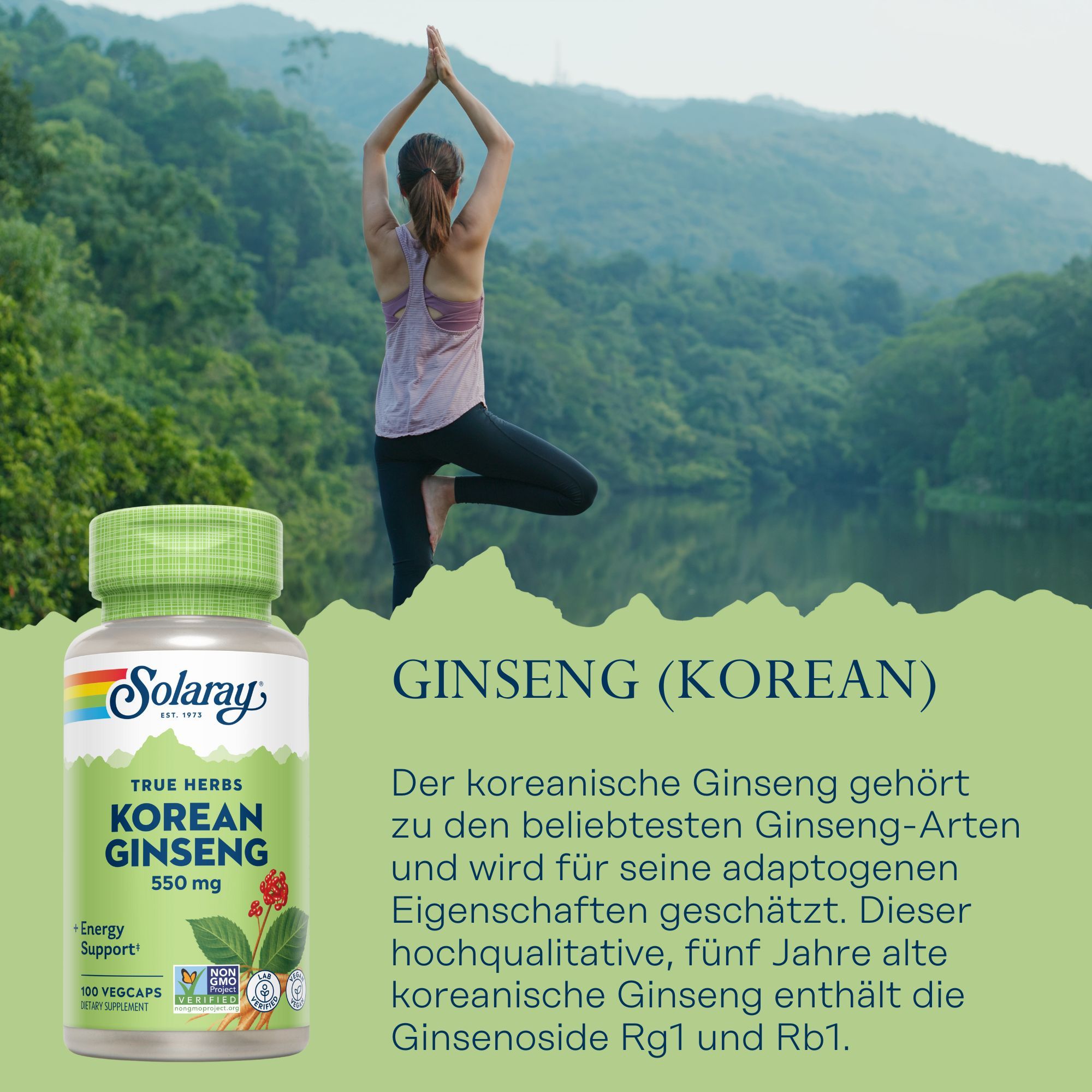 Grüne Flasche Solaray Korean Ginseng 550 mg. Aufschrift: True Herbs, Korean Ginseng, 100 Vegcaps. Frau macht Yoga im Hintergrund.