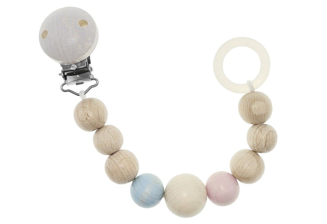 Holz-Schnullerhalter mit runden Holzperlen in Natur-, Blau- und Rosatönen. Mit Clip und Ring.