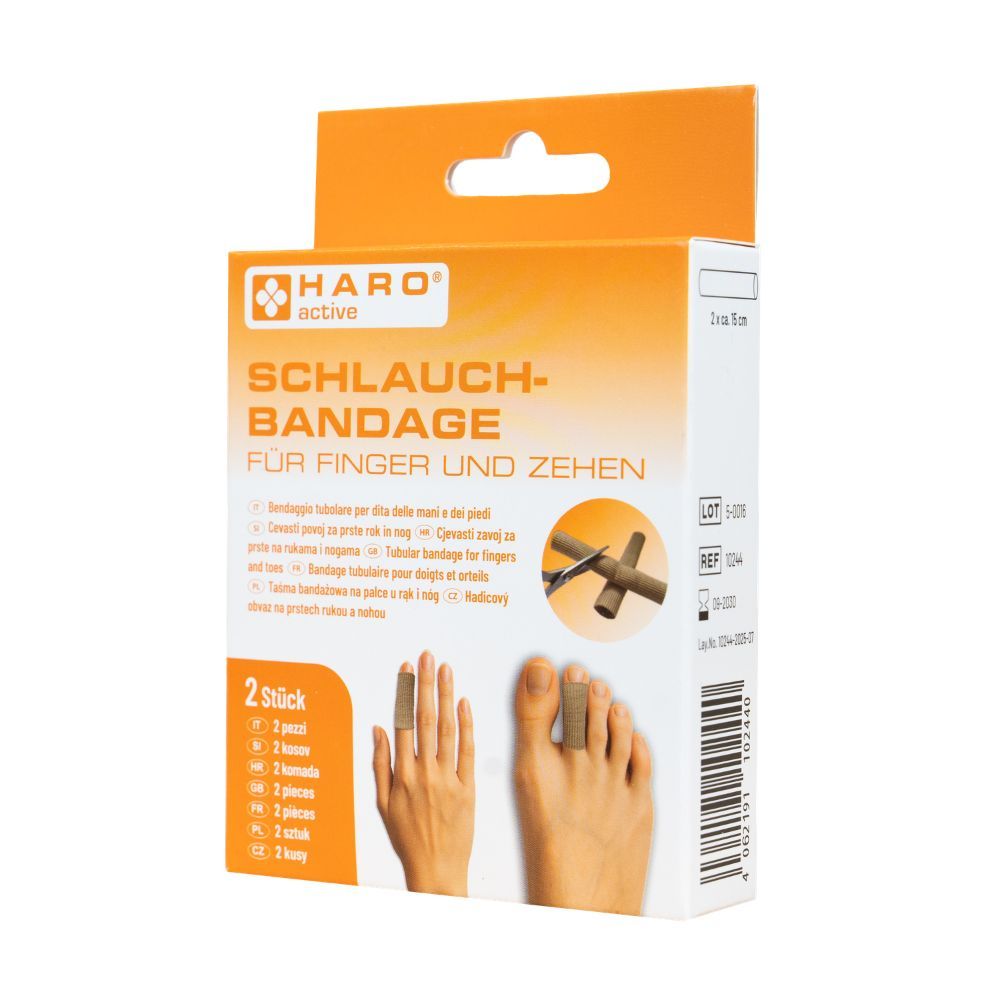 Verpackung mit Schlauchbandage für Finger und Zehen. Marke HARO active. 2 Stück. Finger und Zeh mit Bandage abgebildet.