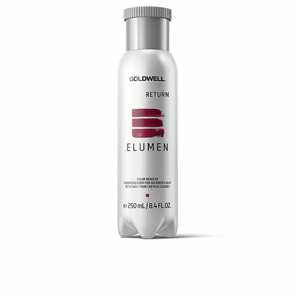Goldwell Elumen Return Flasche. Weiß, silberner Deckel. Rote horizontale Streifen und Schriftzug Elumen. 250 ml.