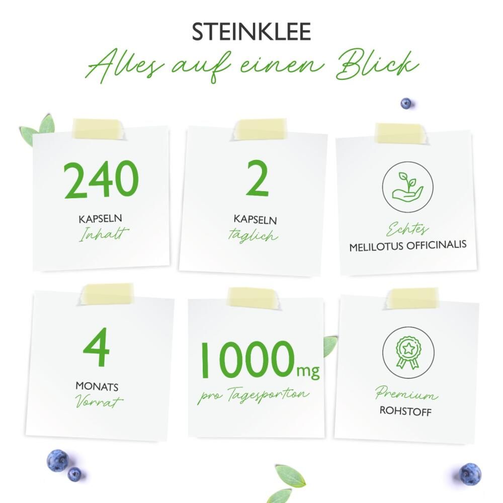 Infografik mit Text: 240 Kapseln Inhalt, 2 Kapseln täglich, Echtes Melilotus officinalis, 4 Monats Vorrat, 1000mg pro Tagesportion, Premium Rohstoff.