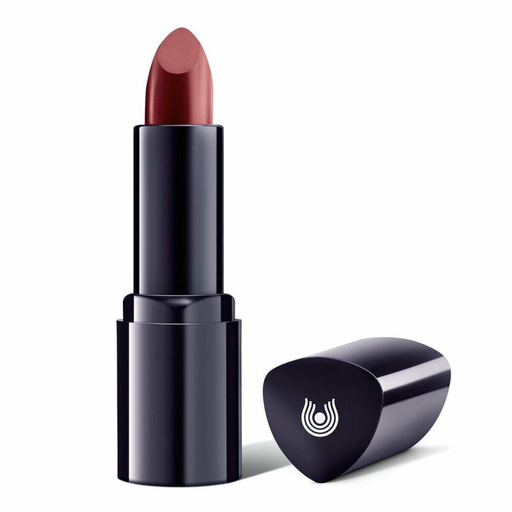 Offener Lippenstift mit rotem Stift und schwarzer Hülle. Deckel daneben. Weißer Hintergrund.
