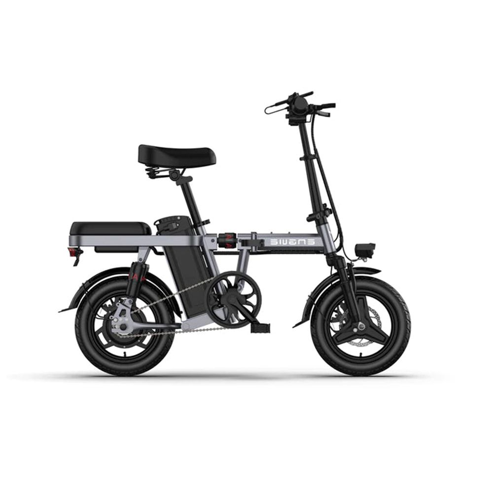 E-Bike in Seitenansicht. Schwarze Reifen, grauer Rahmen, schwarzer Sattel. SWANS-Logo.