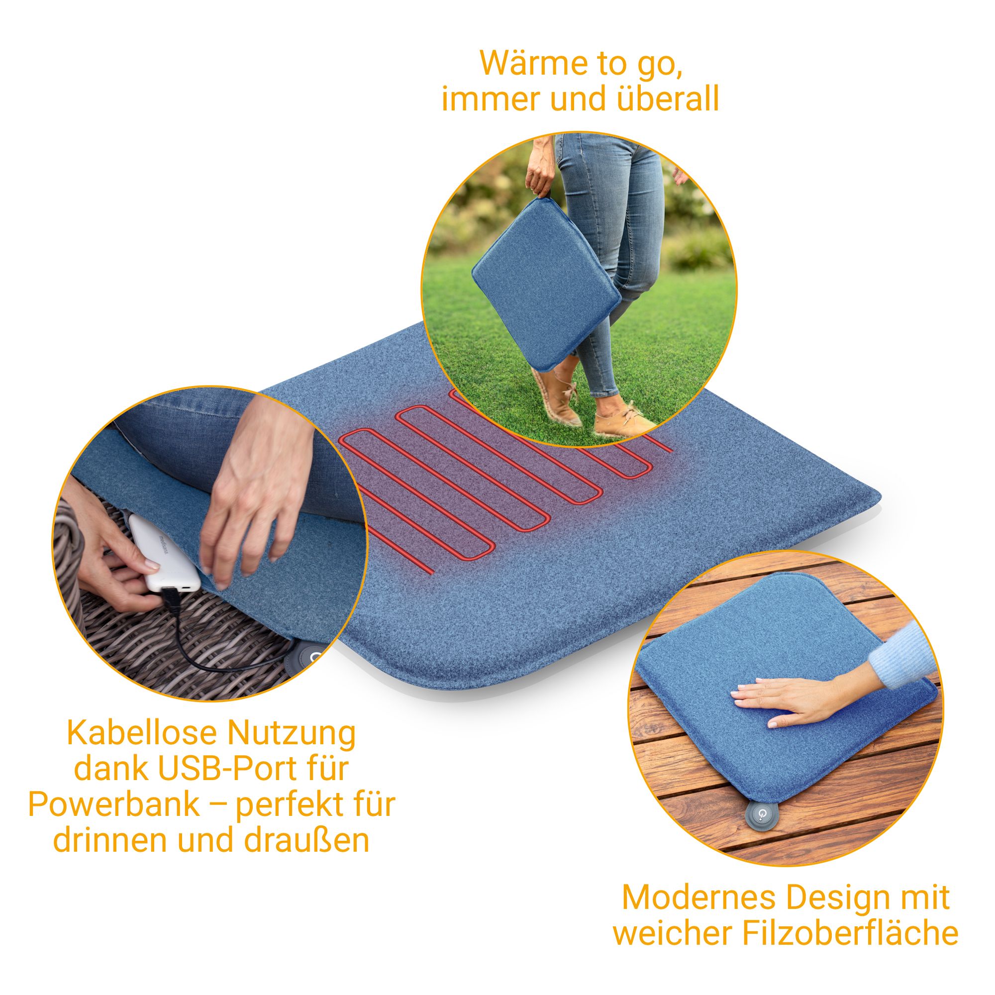 Blaues Heizkissen mit sichtbaren Heizelementen. Zeigt kabellose Nutzung mit Powerbank.