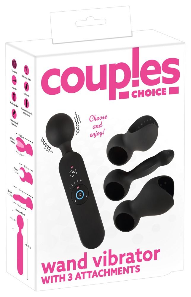 Verpackung von Couples Choice - Wand Vibrator mit 3 Aufsätzen. Produktabbildung und Produktname auf der Verpackung.