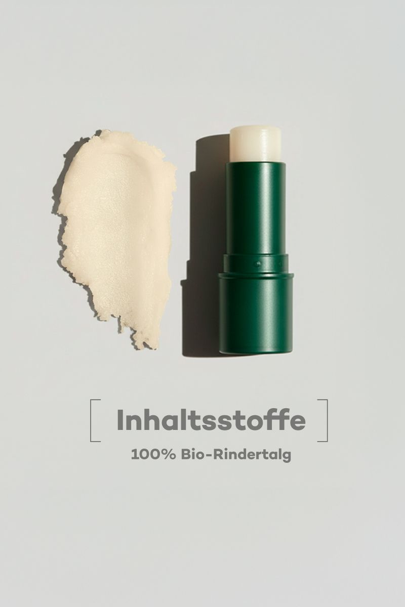 Grüner Lippenbalsam-Stift neben einem gelben Balsam-Klecks. Text: Inhaltsstoffe, 100% Bio-Rindertalg.