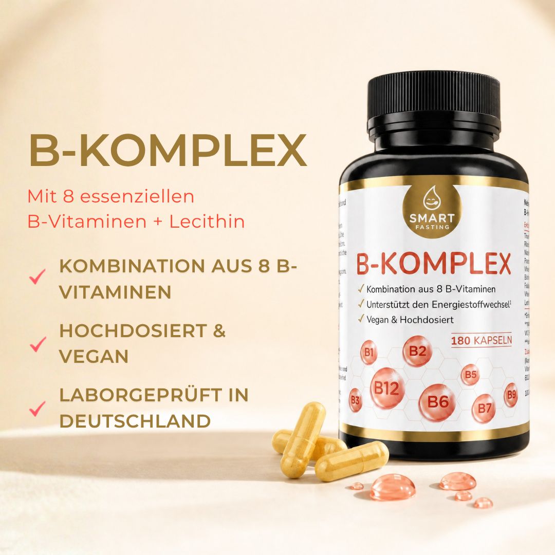 Smart Fasting B-Komplex Flasche mit 180 Kapseln, daneben drei Kapseln.