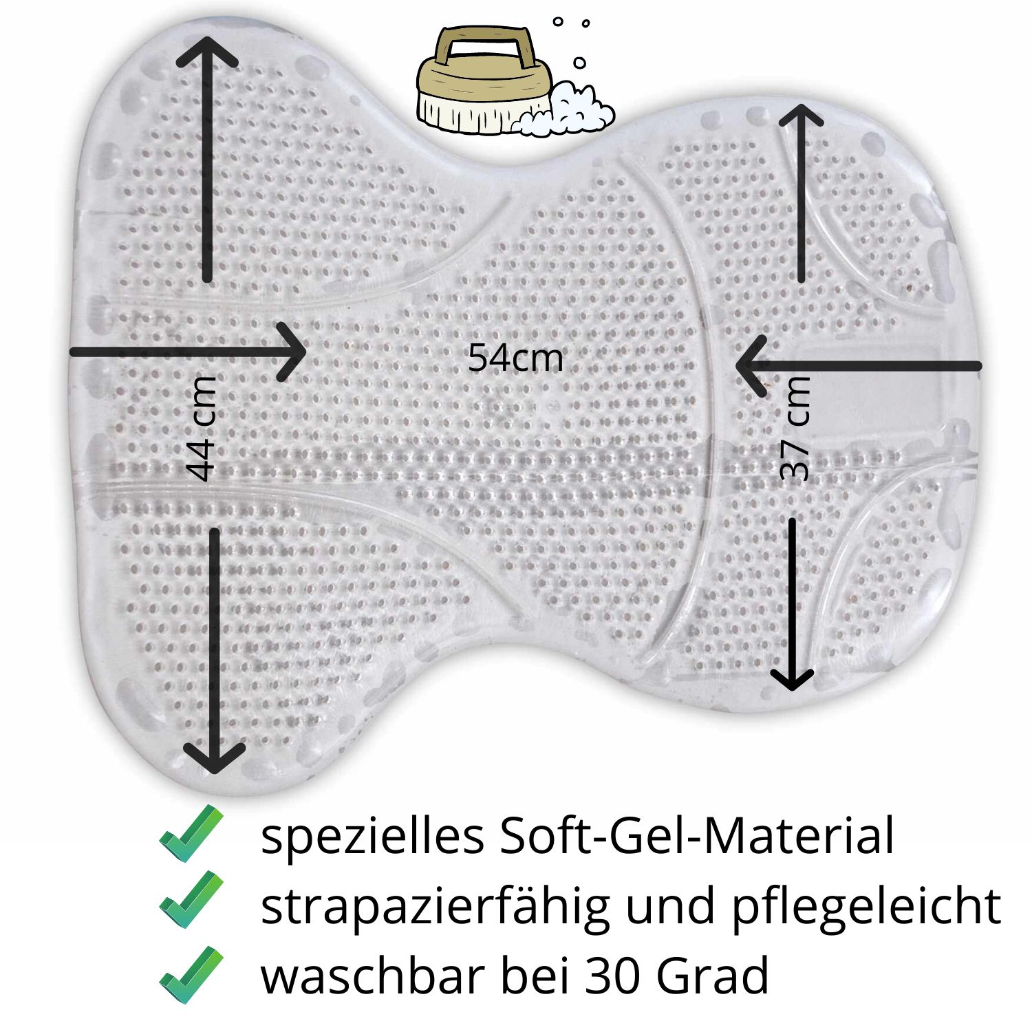 Transparente Sattelunterlage mit Noppenstruktur. Maße: 44x54x37cm. Text: Soft-Gel-Material, strapazierfähig, waschbar bei 30 Grad.