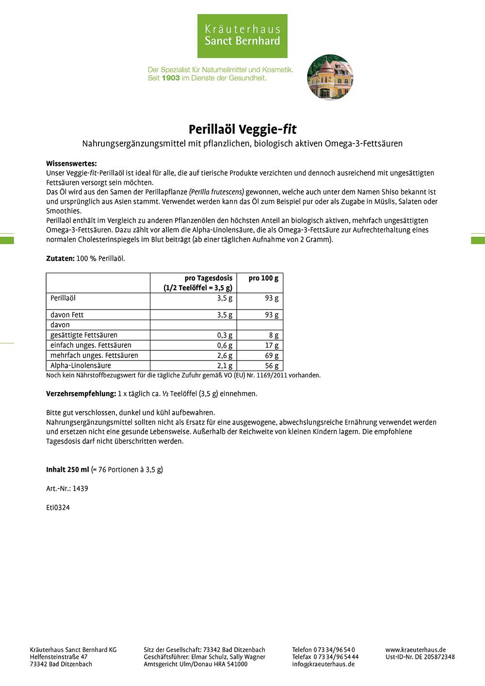 Weißes Papier mit Text. Enthält Informationen über Perillaöl Veggie-fit. Tabellen mit Nährwertangaben. Logo oben.