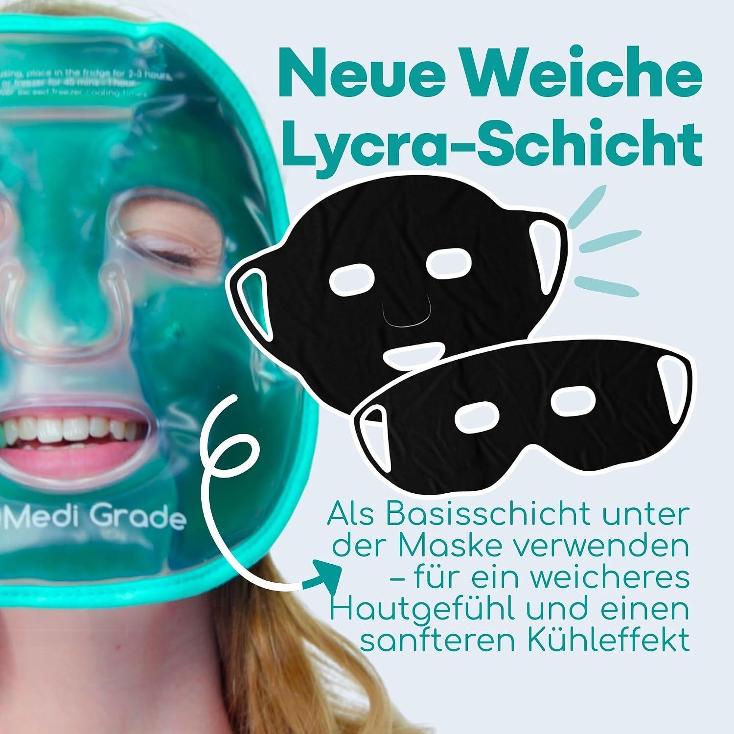 Gesichtsmaske und Augenmaske aus blauem Gel mit Lycra-Schicht.