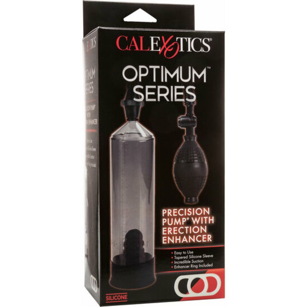 Schwarze Verpackung mit Produktabbildung. Text: CALEXOTICS OPTIMUM SERIES, PRECISION PUMP with ERECTION ENHANCER. Enthält Silikon.