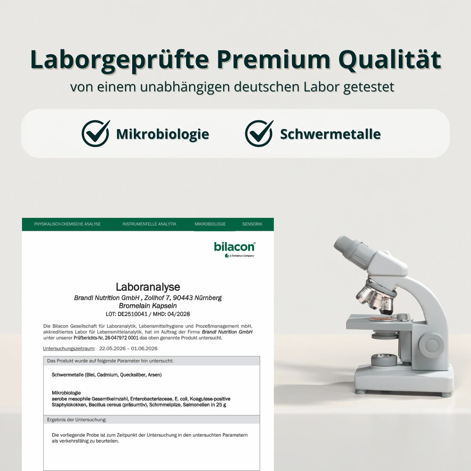 Laboranalyse für Bromelain Kapseln. Geprüft auf Mikrobiologie und Schwermetalle.