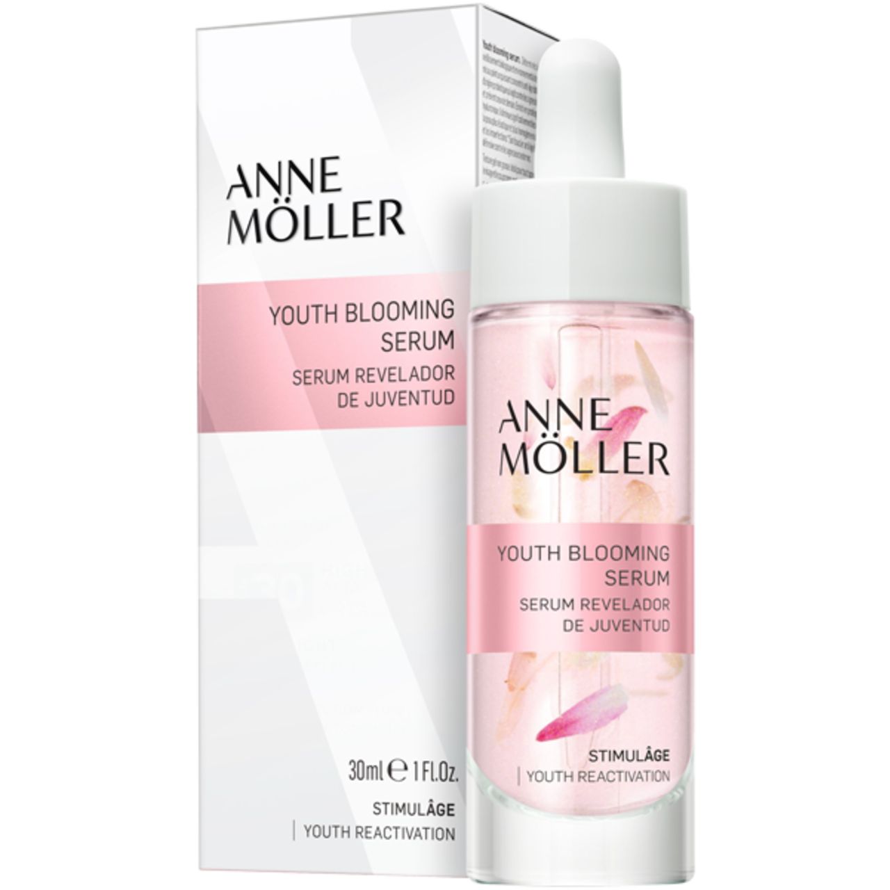 Serumflasche und Verpackung. Flasche mit weißem Deckel und Pipette. Rosa Flüssigkeit mit Blütenblättern. Text: Anne Möller, Youth Blooming Serum.