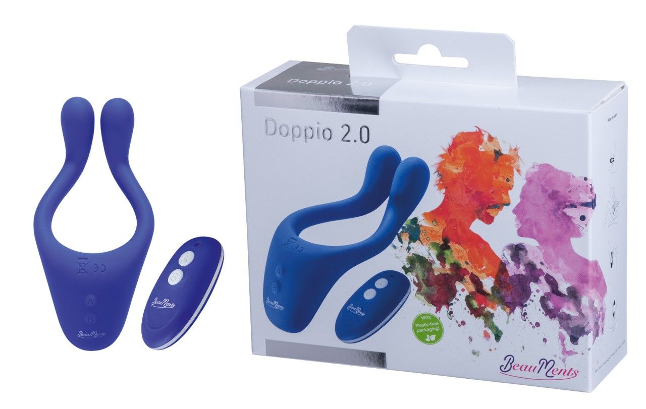 Verpackung von Doppio 2.0. Das Produkt und die Fernbedienung sind abgebildet. Das Logo BeauMents ist sichtbar. Keine weiteren Details.