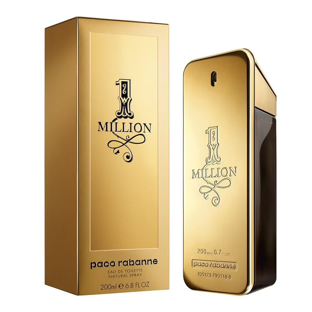 Goldfarbener Flakon und Karton von Paco Rabanne 1 Million. Aufschrift: 1 Million, Eau de Toilette, 200ml.