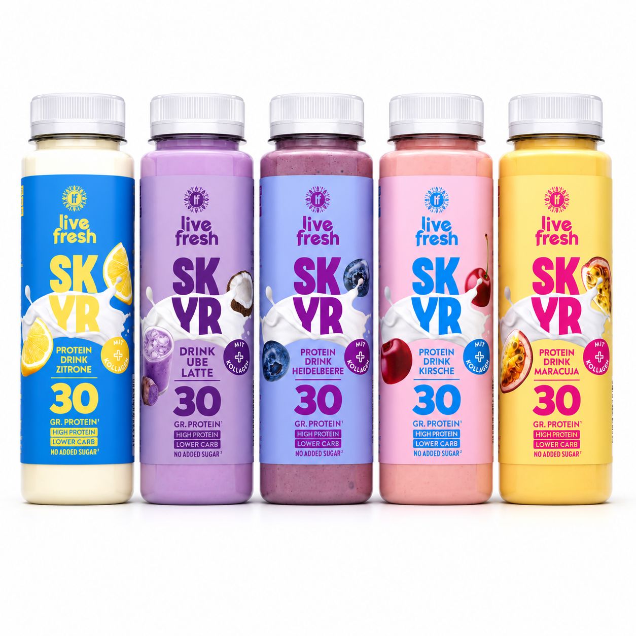 LiveFresh Skyr Protein Drink Zitrone mit Kollagen. 30g Protein, Low Carb, ohne Zuckerzusatz. 250ml Flasche.
