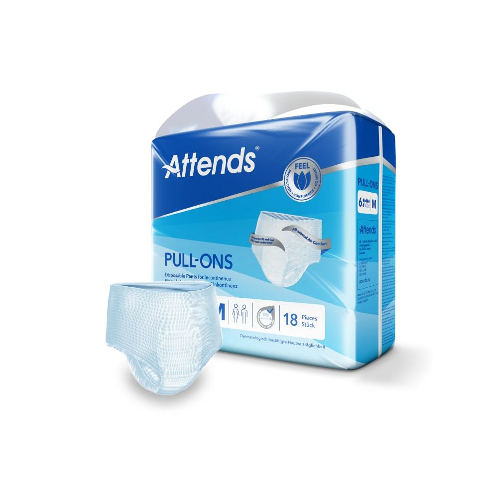 Attends Pull-Ons 6 in Verpackung und einzeln. Größe M, 18 Stück. Blaue Verpackung mit Produktabbildung und Logo.