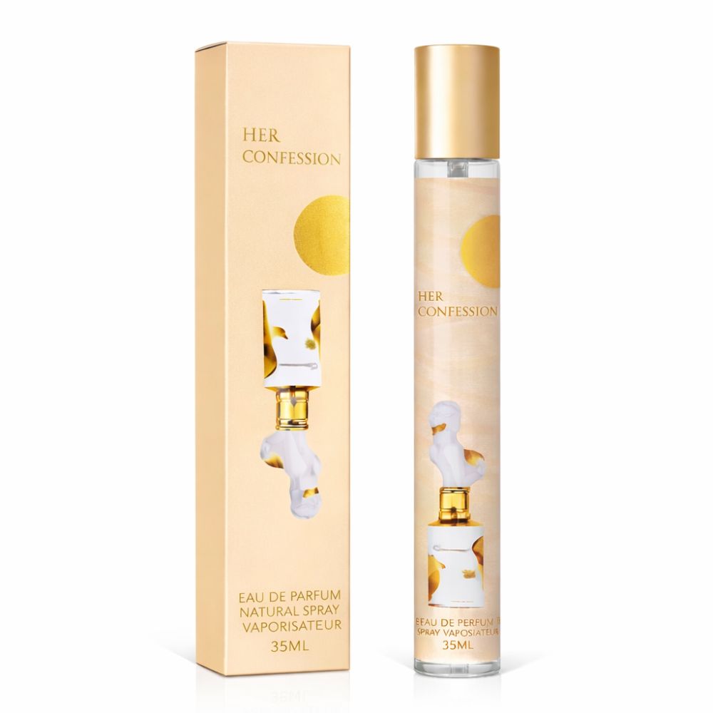 Parfümflasche und Verpackung. Goldfarbener Deckel, helle Flüssigkeit. Aufschrift: Her Confession, Eau de Parfum, 35ml.