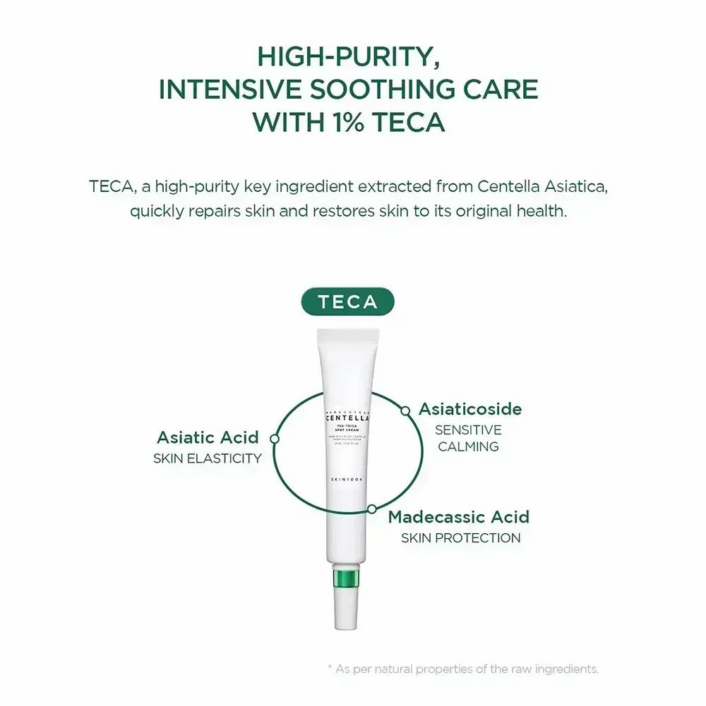 Produkt-Tube mit Text: HIGH-PURITY, INTENSIVE SOOTHING CARE. Text: TECA, Asiatic Acid, Asiaticoside, Madecassic Acid.