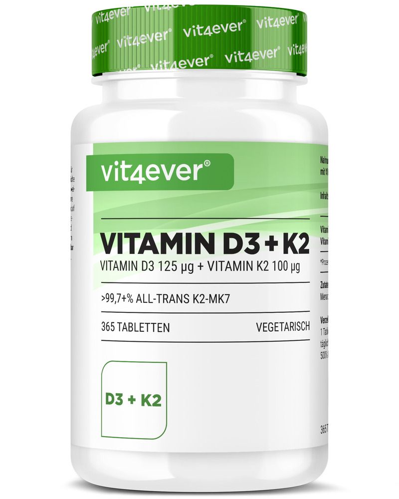 Weiße Flasche mit grünem Deckel. Aufschrift: Vitamin D3 + K2, vit4ever. 365 Tabletten. Vegetarisch.