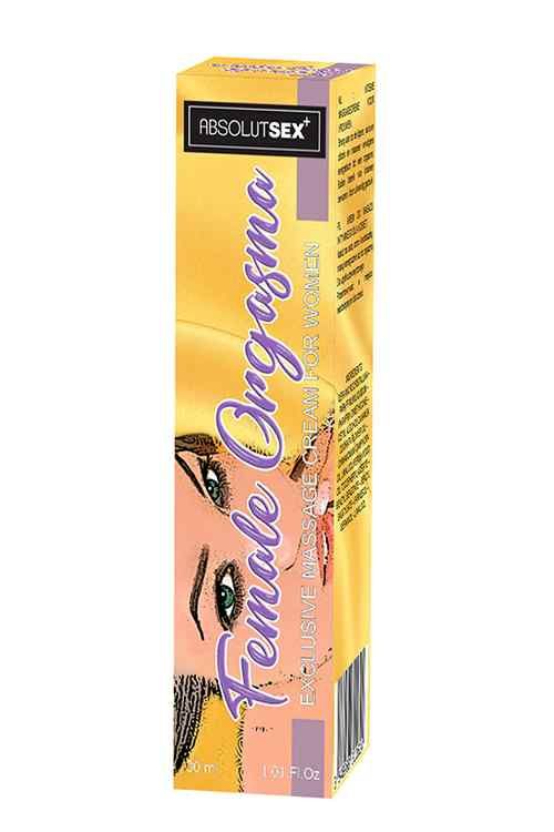 Verpackung für 'Female Orgasm' Creme, 30ml, mit Frauenporträt und Markenschriftzug.
