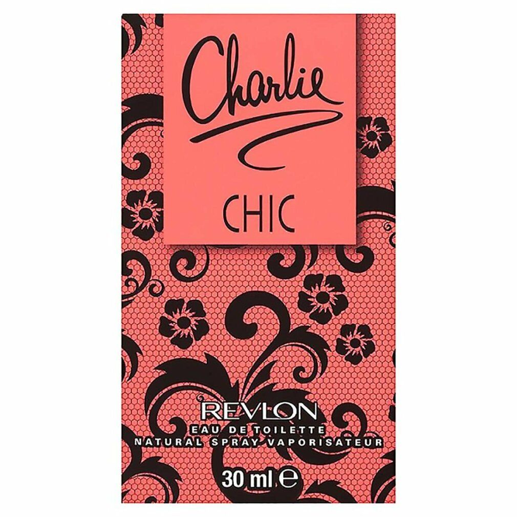 Verpackung für Eau de Toilette. Rosa Hintergrund mit schwarzen floralen Mustern. Aufschrift "Charlie CHIC" und "Revlon".