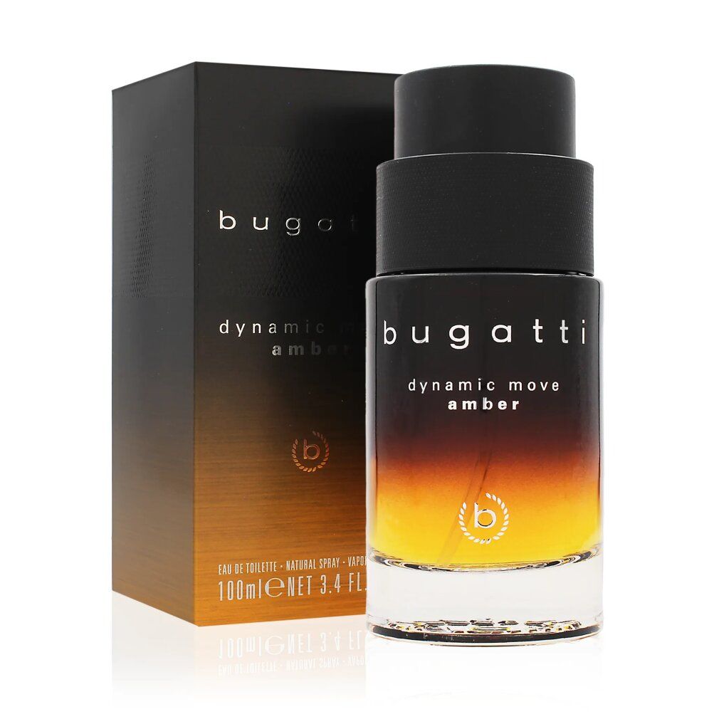 Bugatti Dynamic Move Amber Eau de Toilette. Flakon und Verpackung. Schwarzer Deckel, Farbverlauf von Bernstein zu transparent. Logo und Schriftzug.