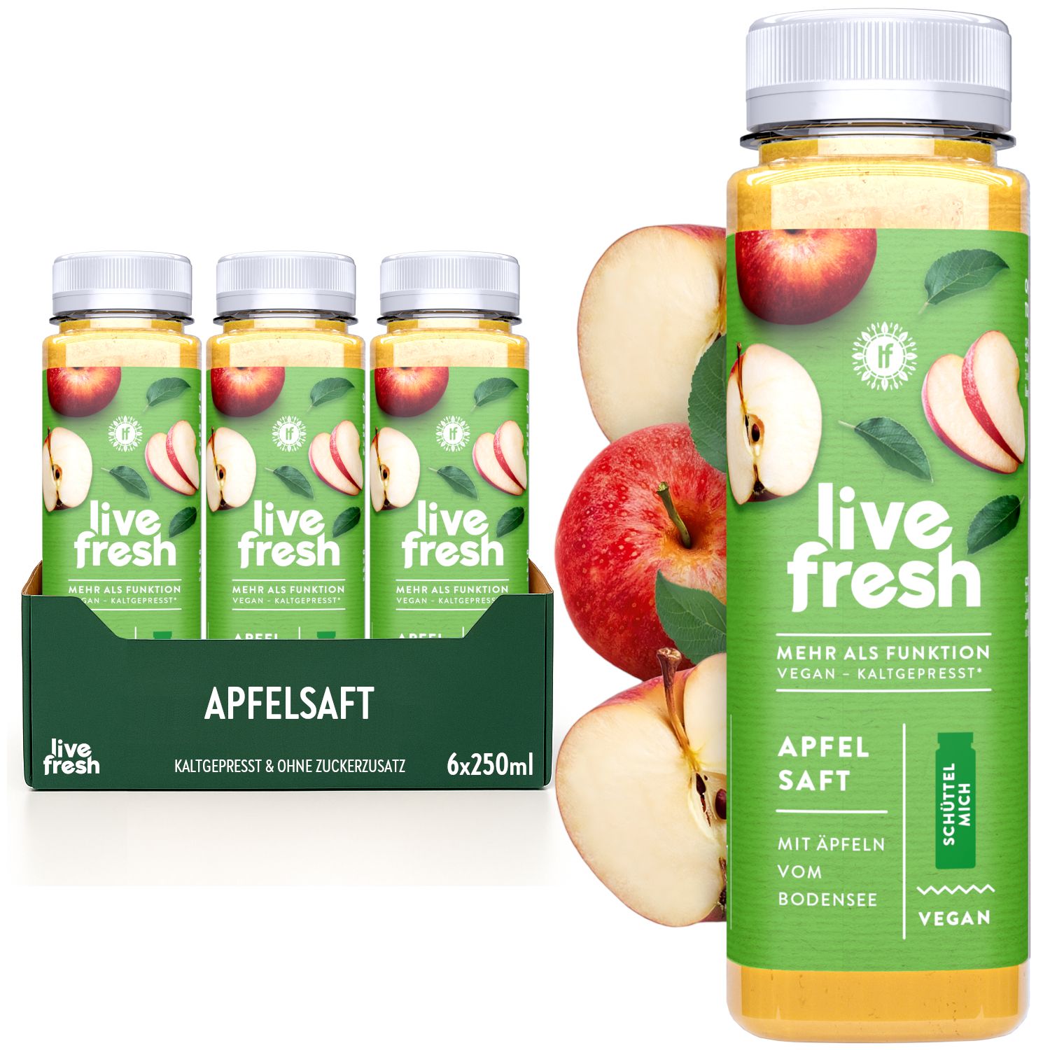 Produkt: LiveFresh Apfelsaft. 6 Flaschen in einer Verpackung. Einzelne Flasche mit Apfelstücken. Text: Apfelsaft, vegan, kaltgepresst.
