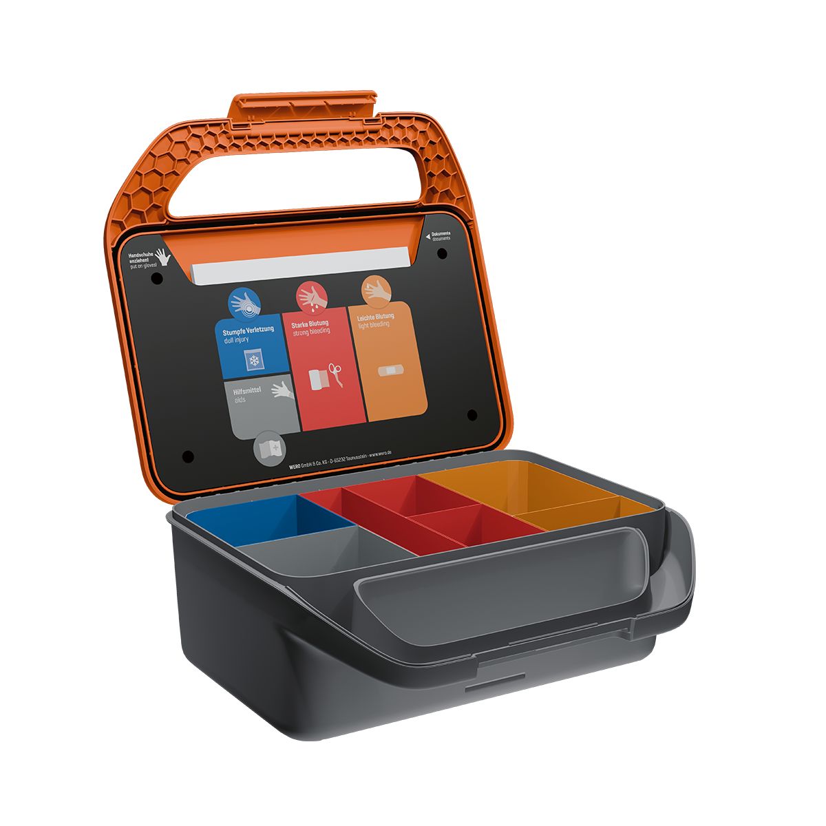 Geöffneter Erste-Hilfe-Koffer mit Fächern. Innen: Anleitungen, Fächer in Grau, Rot, Gelb. Griff mit Wabenmuster.