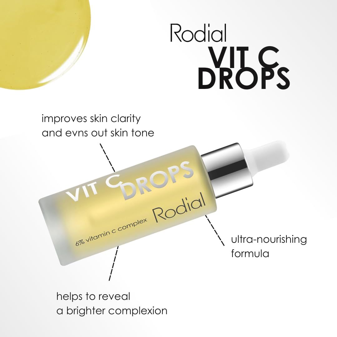 Produktflasche mit Pipette. Text: VIT C DROPS, Rodial. Aufschrift: 6% Vitamin C Complex.