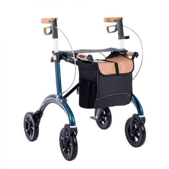 Kompletter Rollator mit vier Rädern. Braune Tasche, Kork-Griffe.