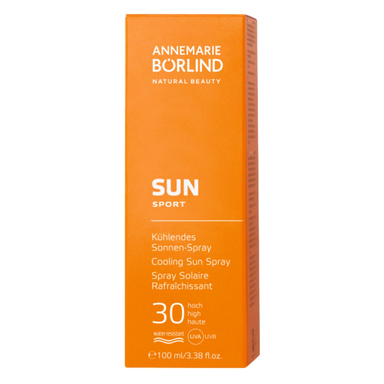 Sonnenspray mit grünem Deckel. Orangefarbene Flasche mit weißer Schrift. Marke: ANNEMARIE BÖRLIND. Sonnenschutzfaktor 30.