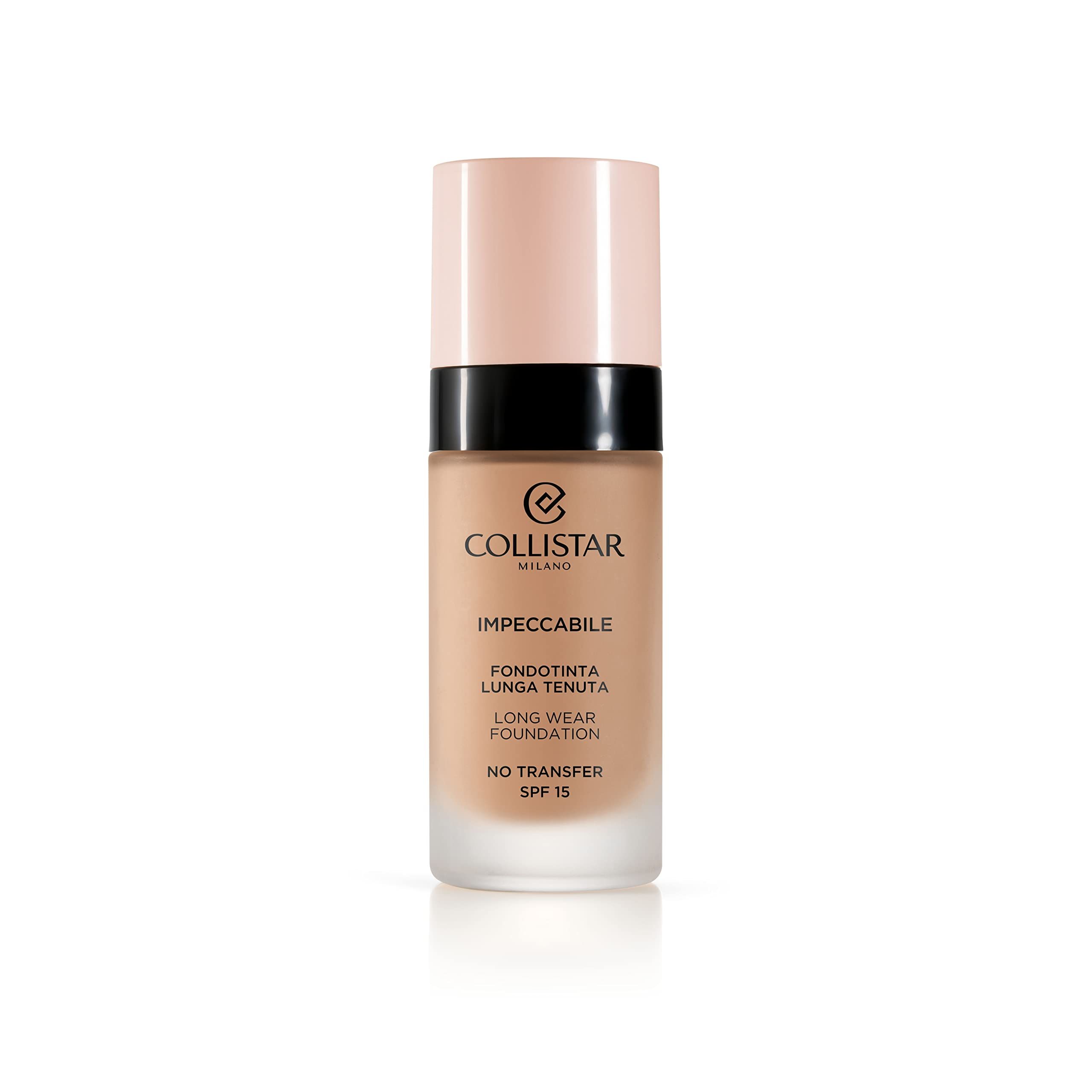 Beige Foundation-Flasche mit rosa Deckel. Schwarzer Ring. Schriftzug: Collistar, Impeccabile, Fondotinta Lunga Tenuta, SPF 15.