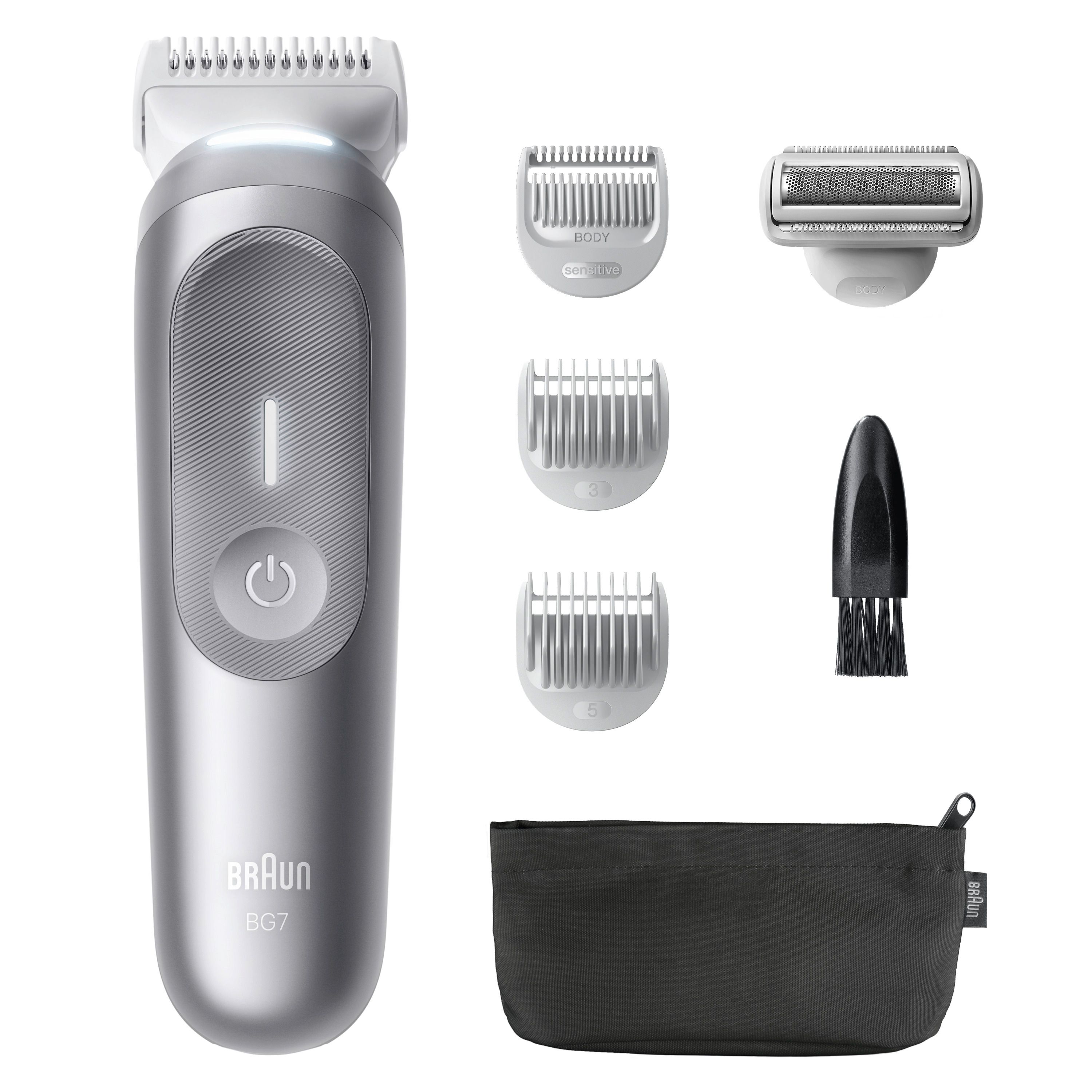 Braun BodyGroomer Series 7 mit Zubehör: Trimmer, 3 Aufsätze, Reinigungsbürste und Tasche.