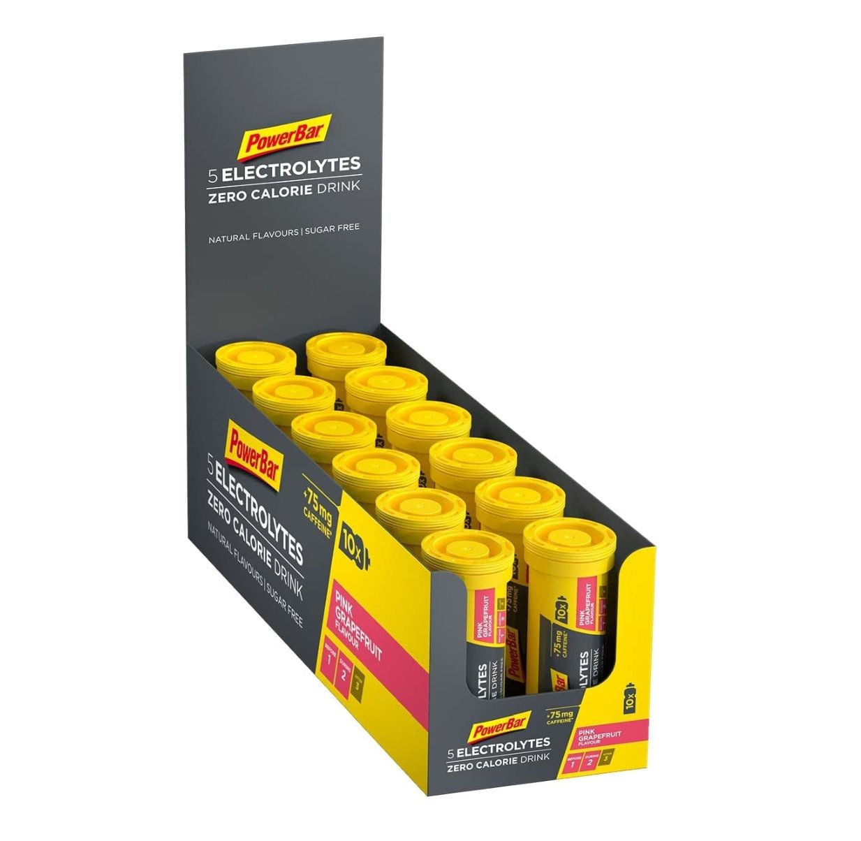 Verkaufsdisplay mit Powerbar 5 Electrolytes. Gelbe Tabletten in gelben Behältern. Pink Grapefruit-Geschmack. Schwarzer Hintergrund mit Produktinformationen.