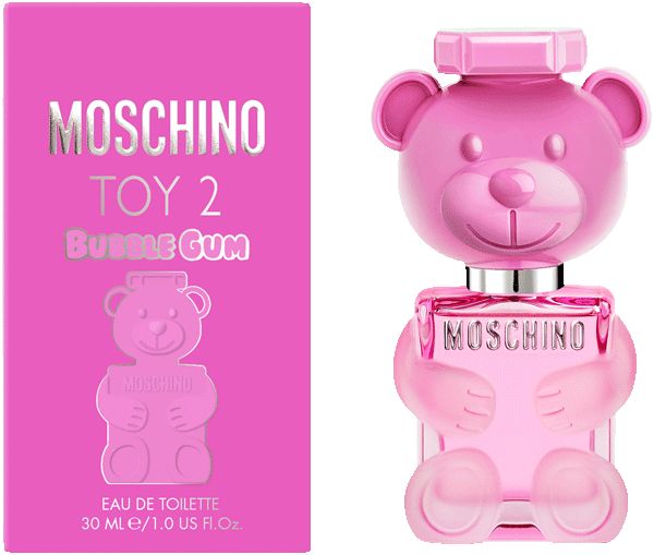 Rosa Verpackung und Flakon. Flakon in Teddybär-Form. Aufschrift MOSCHINO. Text: TOY 2 Bubble Gum. 30 ml.