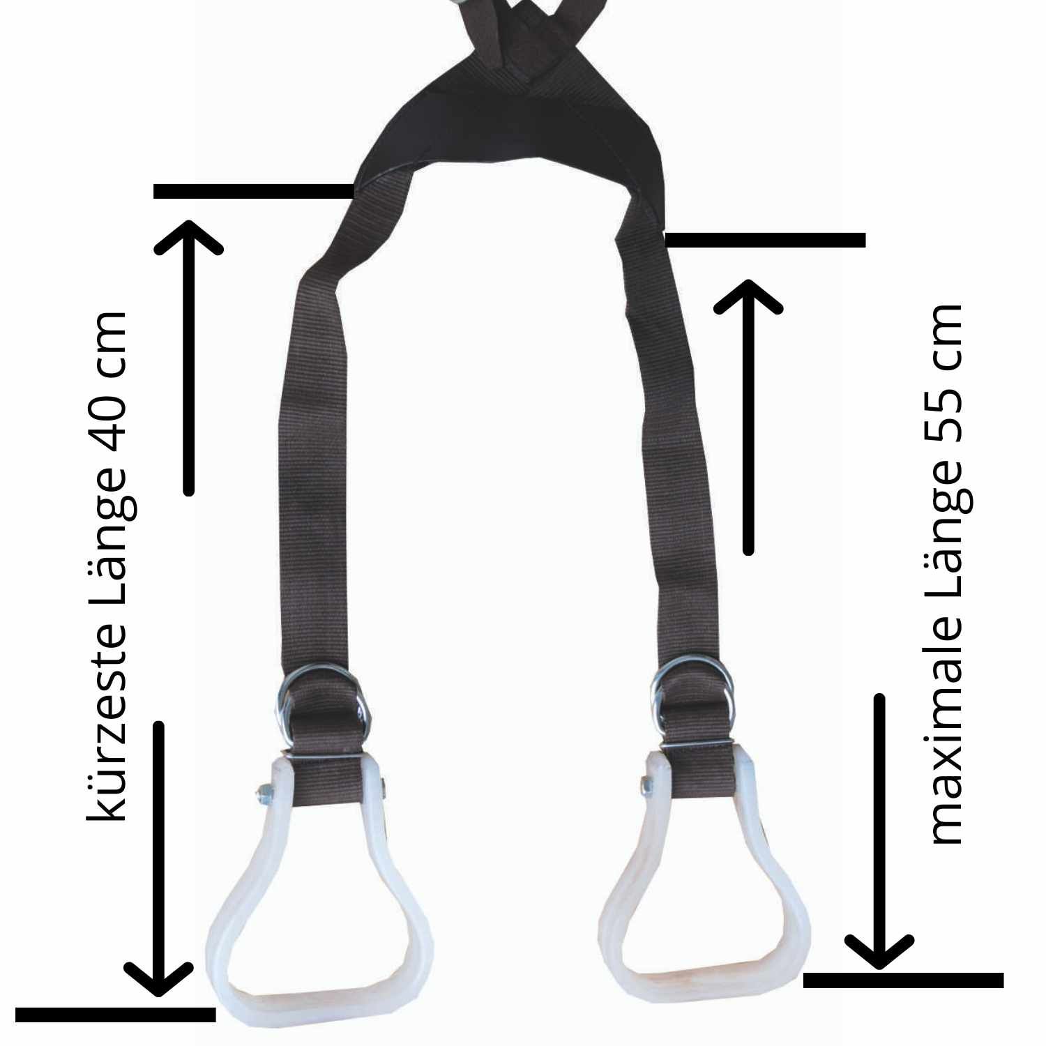 Zwei Steigbügel mit weißen Bügeln. Maximale Länge 55 cm, kürzeste Länge 40 cm.