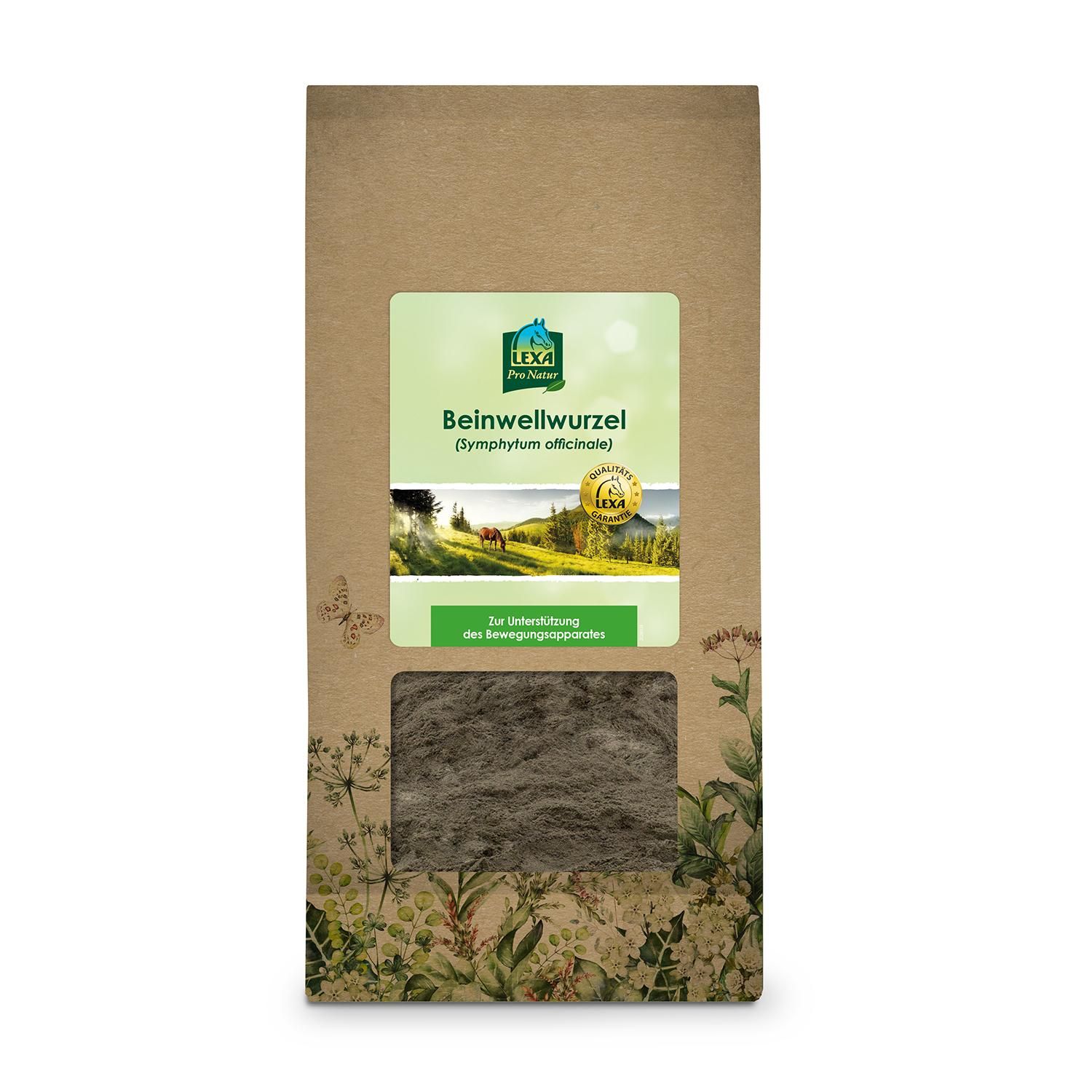Beinwellwurzel-Produkt in brauner Verpackung mit Sichtfenster. LEXA-Logo und Produktbezeichnung. Grün-weißes Etikett mit Landschaft.