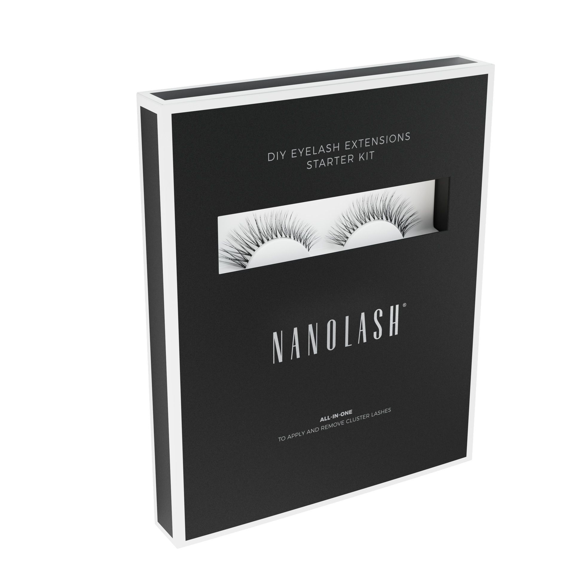 Schwarze Box mit weißem Rahmen. Fenster zeigt Wimpern. Schriftzug "NANOLASH" und "DIY EYELASH EXTENSIONS STARTER KIT".